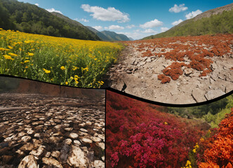 Beautiful contrast of vibrant flowers and barren landscapes in a mountain valley reveals nature's changing seasons Generative AI