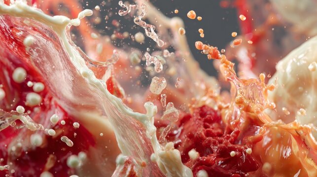 Abstract splash of colorful liquids and cream captured mid-air in high-speed vibrant explosion scene