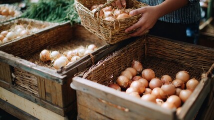 Hand placing onions in rustic wooden basket at open market or farm food stall
