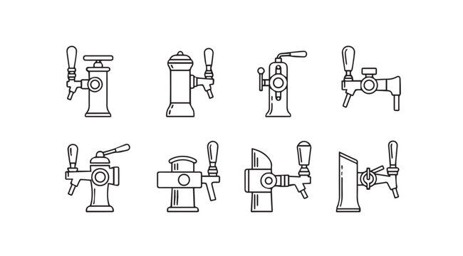 Collection of eight distinct beer tap silhouettes in a clean line drawing style