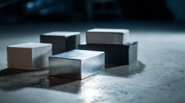 Reflective metallic cubes arranged on wet glass surface with neon blue and pink lights - Powered by Adobe