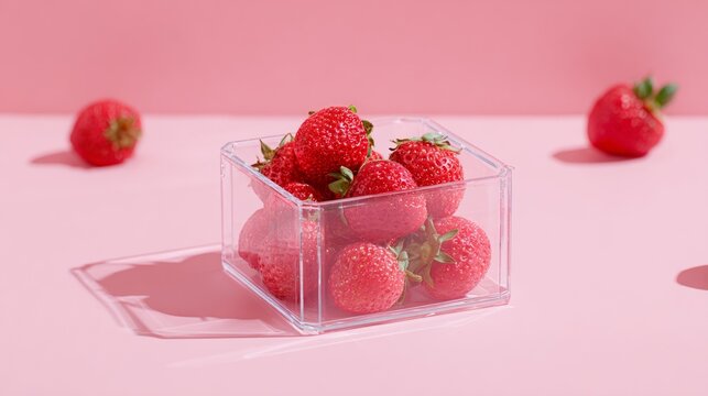 Fresh strawberries in clear container on soft pink background with scattered berries around
