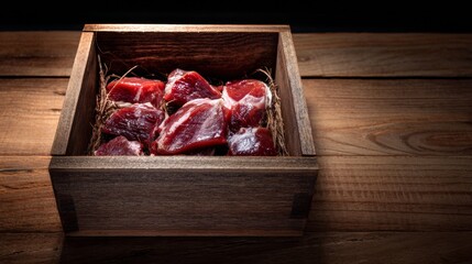 Raw red meat cuts placed in wooden crate on dark surface with dramatic lighting