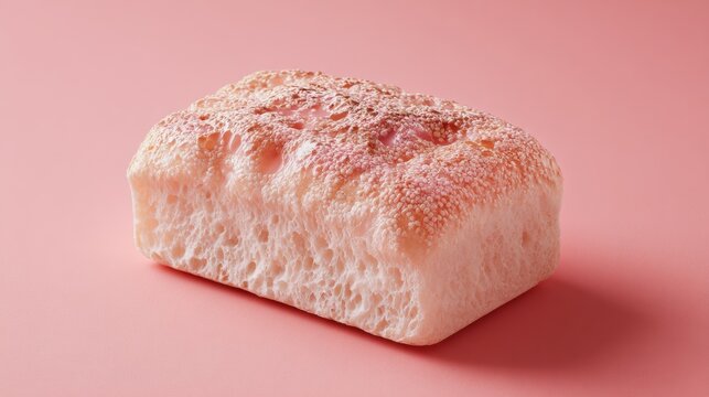 Fresh loaf of bread with textured crust placed on soft pink background for bakery concept