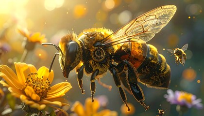 Bees hover over bright yellow flowers, bathed in warm sunlight, and small bee further away
