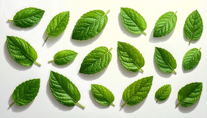 Array of fresh, vibrant green mint leaves scattered on a stark white background, bathed in bright sunlight