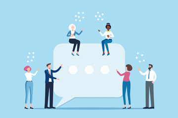 Diverse group of people communicating and sharing ideas around a large speech bubble