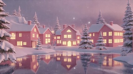 Whimsical pink village covered in snow with glowing windows and a frozen lake winter christmas - Powered by Adobe