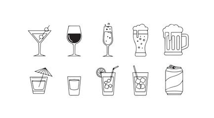 Collection of hand drawn cocktail and drink silhouettes in a minimalist style