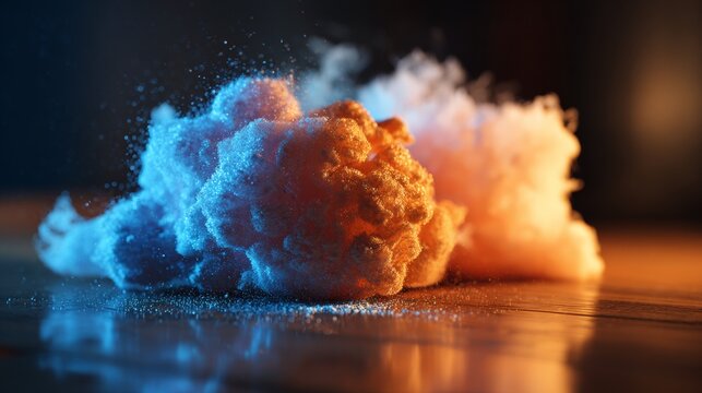 Blue and orange powder explosion on black background captured mid-air for dynamic concept