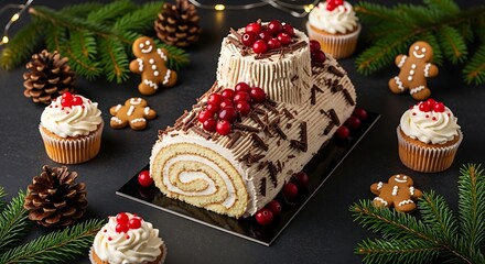 Festive christmas yule log cake surrounded by gingerbread men, cupcakes, pine cones and fir branches
