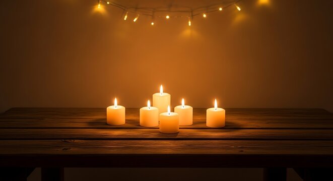 Burning candles on a wooden table with warm light and blurred string lights in the background