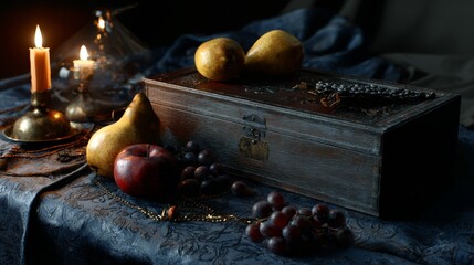 Still life with candle, apples and closed antique book on velvet draped surface