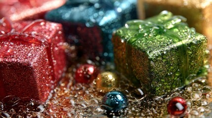 Christmas glitter gift boxes with ornaments on festive background for seasonal decoration theme