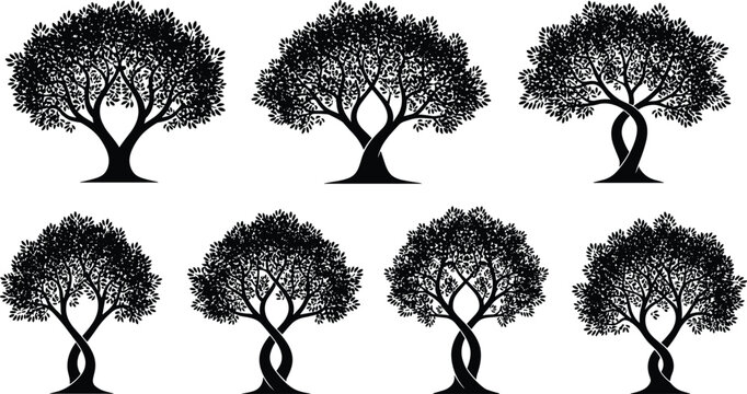 WebIllustration of collection of trees with intertwined trunks isolated on a set of seven trees with different trunk shapes, perfect for illustrating nature and growth