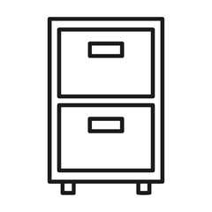 Simple outline icon of a two drawer filing cabinet with handles and small legs on a white background
