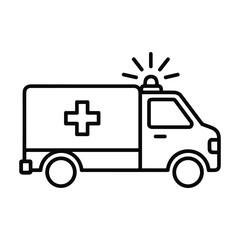 Simple line art icon of an ambulance emergency medical vehicle with a red cross symbol and flashing lights