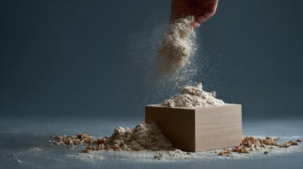 Wheat flour falling into box with dust particles in air for rustic baking concept