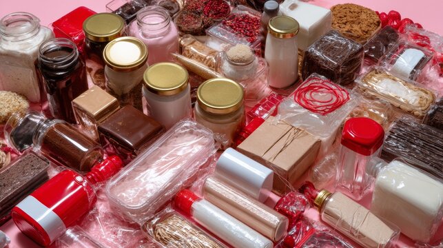 Variety of packaged spice blends and herbs in jars and pouches displayed at market stand - Powered by Adobe