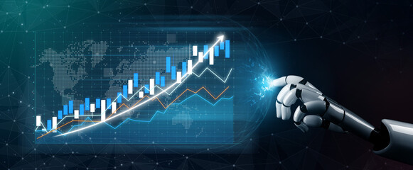 This image showcases a robotic hand pointing at a rising graph, symbolizing data analysis and financial growth in a digital world, capturing the essence of innovation. Impute