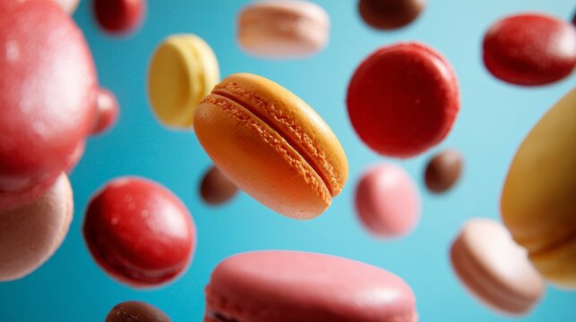 Colorful macarons and candies floating against turquoise background in surreal composition
