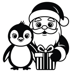Obraz premium Cute cartoon penguin and santa claus with a gift