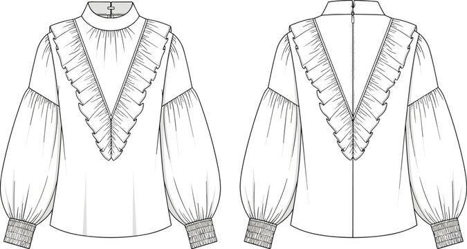 Illustration of technical drawing of a blouse isolated on front and back views of a longsleeved blouse with ruffles and elasticated cuffs fashion illustration
