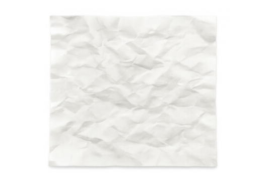 Crumpled white paper texture on transparent background creating abstract wrinkled surface pattern material