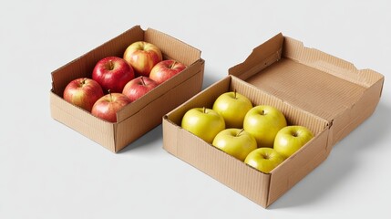 Open cardboard boxes with fresh red and green apples arranged neatly for market delivery concept
