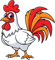 Illustration of a cartoon rooster isolated on, standing tall with its vibrant red comb and tail feathers, a symbol of farm life and morning calls, perfect for childrens books, educational materials, a