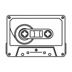 Simple hand drawn outline illustration of a vintage audio cassette tape on a white background