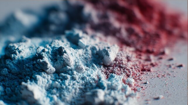 Colored powder pigments in vibrant red and blue forming abstract texture on clean surface