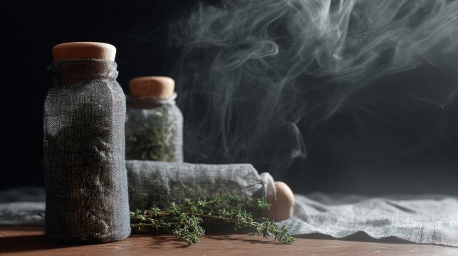 Herbal glass jars with smoke and rosemary on black cloth for natural remedy or apothecary theme - Powered by Adobe