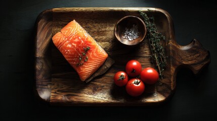 Salmon fillet and cherry tomatoes on cutting board over dark background with dramatic lighting