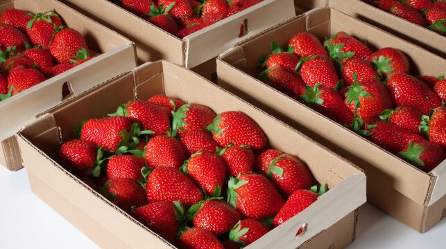 Wooden crates filled with fresh red strawberries at market or farm shop with natural lighting - Powered by Adobe