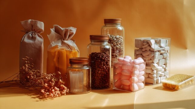Jars filled with dried food and pasta on warm orange background for rustic kitchen storage concept - Powered by Adobe