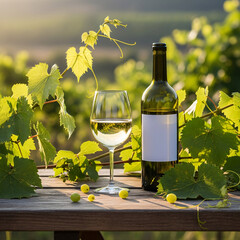 Wine bottle and glass in vineyard with lush green leaves and sunlight