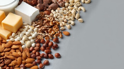 Scattered nuts, seeds and legumes arranged in diagonal pattern on grey background for food variety