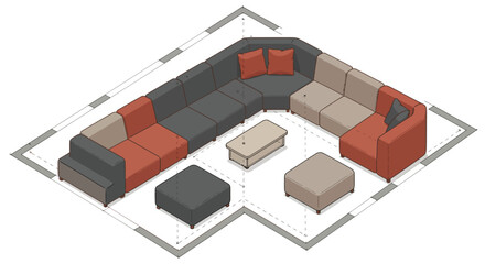 l-shaped modular sofa arrangement with coffee table and ottomans within an isometric room layout ideal for modern interior design concepts.