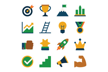 Collection of Flat Icons for Business Success and Goal Achievement