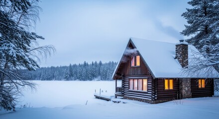 Cozy Log Cabin with Glowing Windows in a Snowy Winter Forest at Dusk.