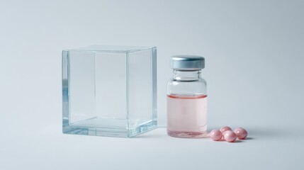 Small transparent vial and glass container with pink pills on minimal light background in studio