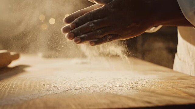 Cinematic close-up video footage of hands dusting flour over a wooden surface in a bakery, highlighting texture, craftsmanship, and artisan bread preparation.
