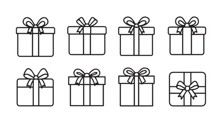 Collection of eight simple gift boxes with bows in a clean silhouette style