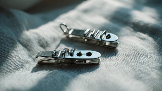 Closeup of two metal binder clips on white cloth in soft natural daylight with shallow focus