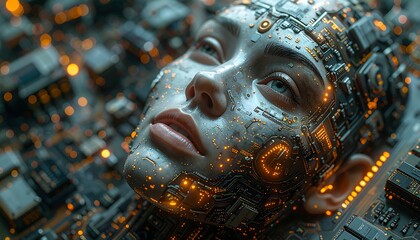 Artificial intelligence female face, digital skin, circuit board detail, bokeh orange lights, futuristic and intricate
