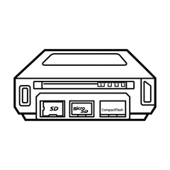 Front view line art illustration of a digital media card reader device with multiple slots for sd and microsd cards