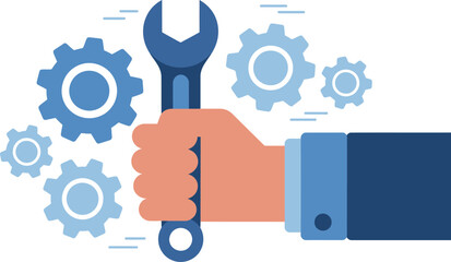 Hand holding wrench with turning gears, technical support concept
