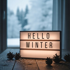 Hello winter message on illuminated sign with pine cones on wooden table