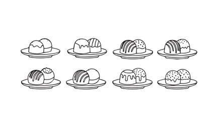 Collection of eight sweet desserts with swirls and drizzles silhouette